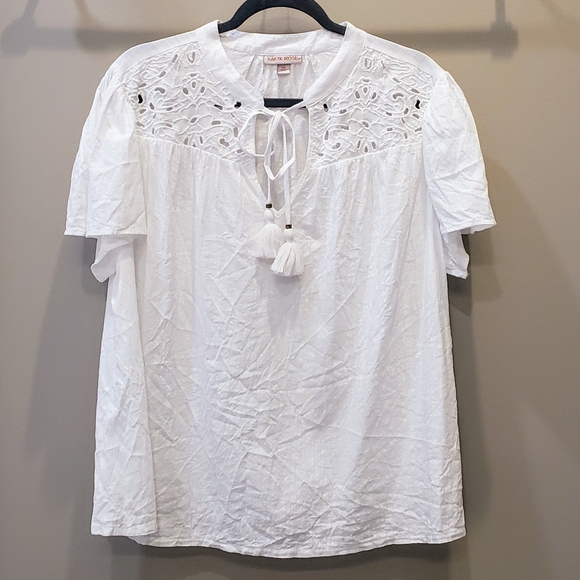 Knox Rose Woven Eyelet V Neck Short Sleeve Top Sz XXL  White Tassels Cot… - Picture 1 of 12
